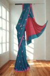 Teal blue Mull Cotton Bird Sari